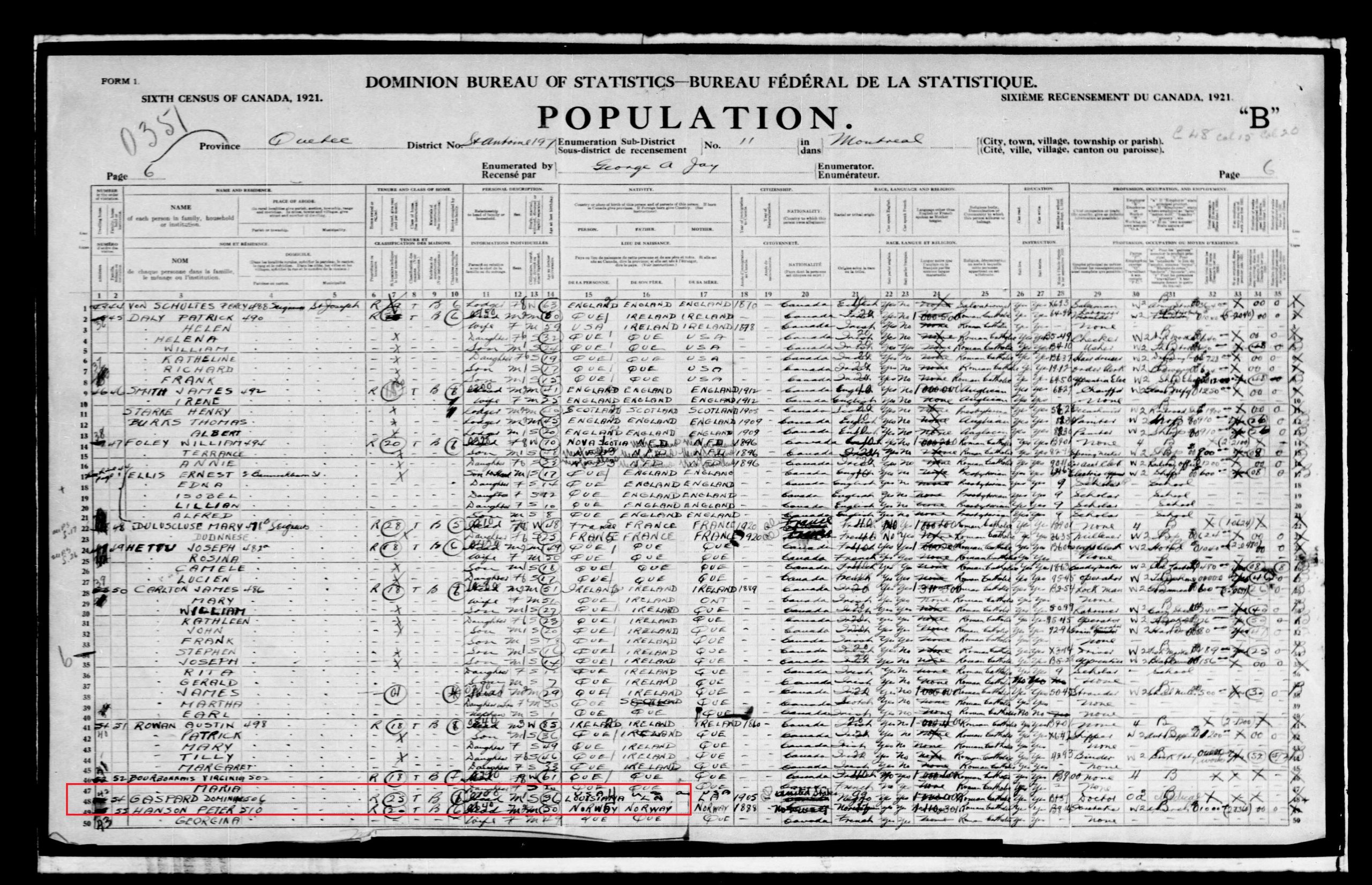 Dr. Dominique Gaspard 1921 Census Record Dr. Dominique Gaspard 1921 Census Record