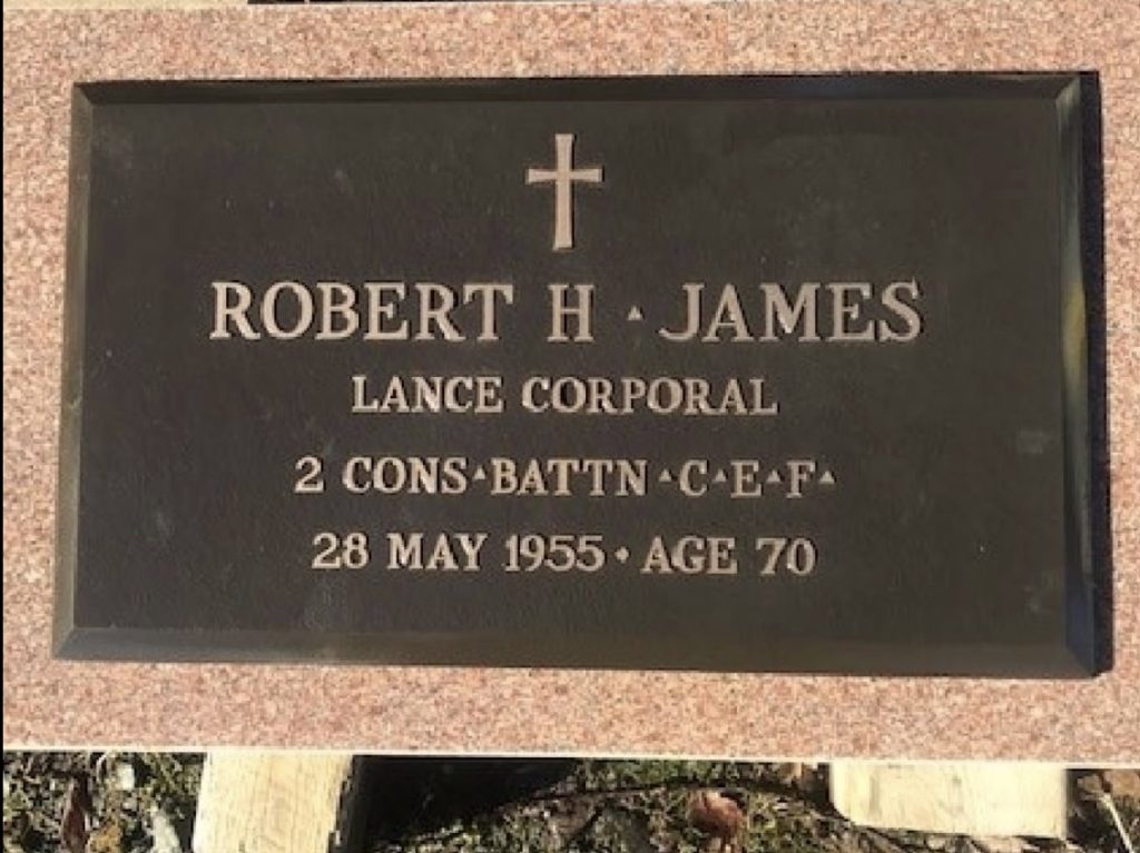 Headstone for Robert H. James. The inscription reads: Robert H James / *Lance Corporal / 2 CONS BATTN, C.E.F. / 28 May 1955 / Age 70 . Note: DOB: 4 Mar 1888, Antigua, BWI; DOD: 28 May 1955 (age 67) , Halifax, NS. Burial: Pleasant Hill Cemetery, Lower Sackville, NS; Plot: Our Pilot's Garden, Block 3, Row G, Lot 19. Memorial ID: 252843928 . Retrieved from Ancestry.com Canada, Find A Grave - Photo added by Kathy Grant